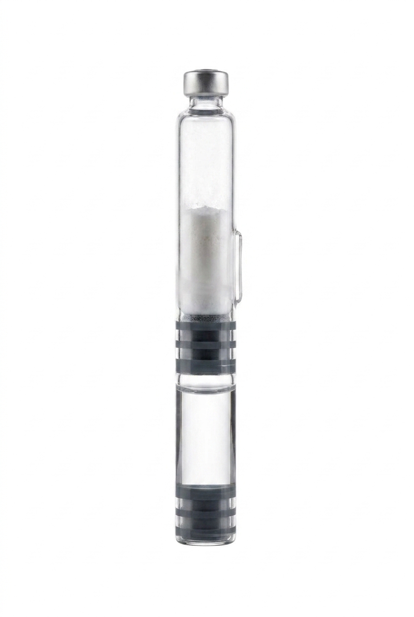 Dual chamber cartridge — lyophilized peptide powder in the upper chamber and sterile diluent below, separated by the stopper